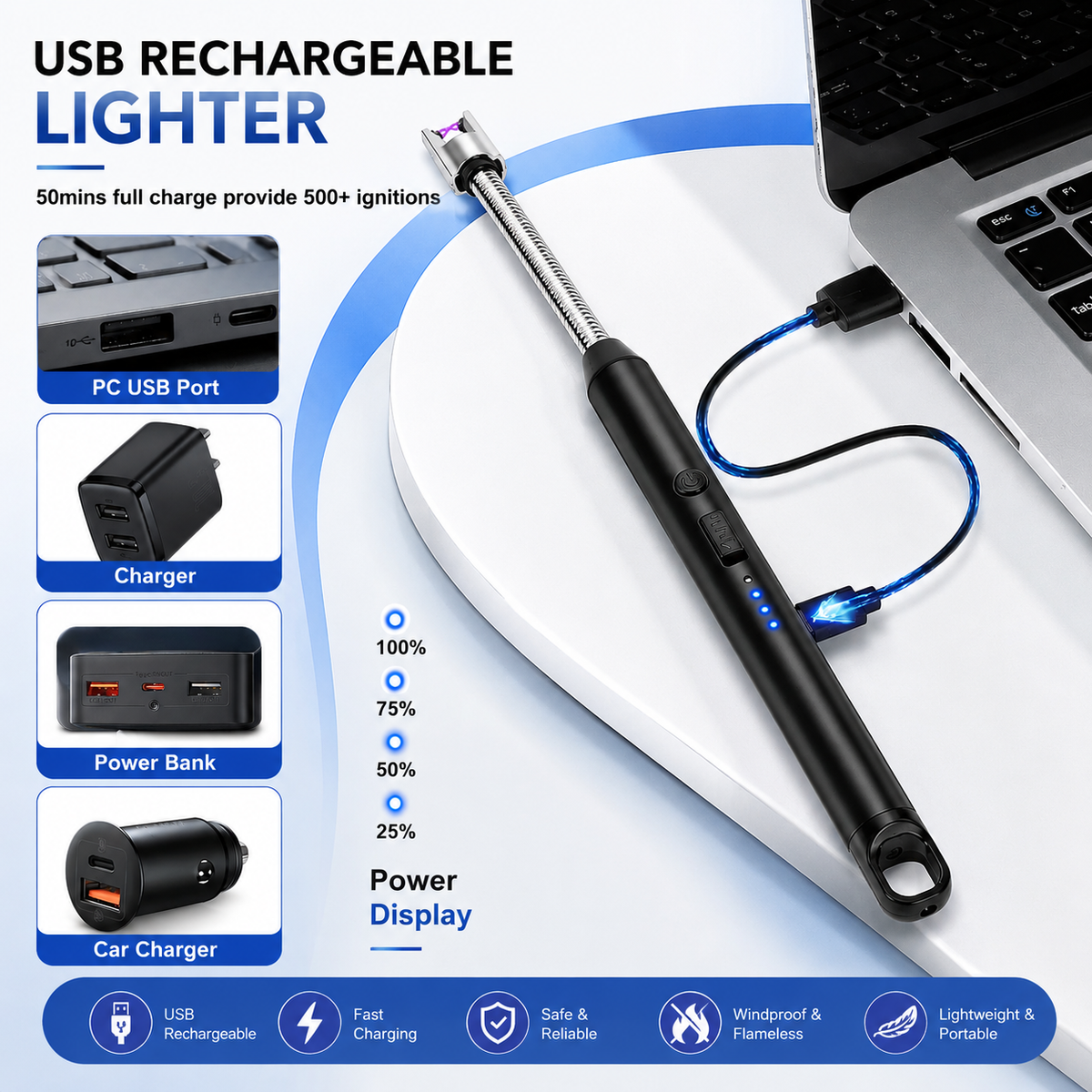 Smart USB Rechargeable BBQ Gas & Candle Lighter | Windproof Flameless Plasma Lighter